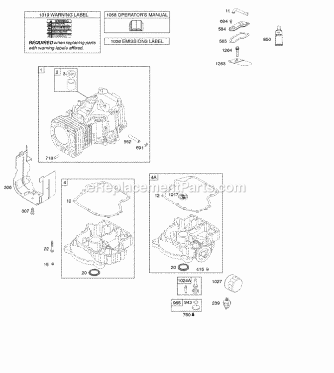 Cylinder Engine Sump OperatorS Manual Warning Label Diagram and Parts List for 219907-0131-E1  Briggs and Stratton Engine